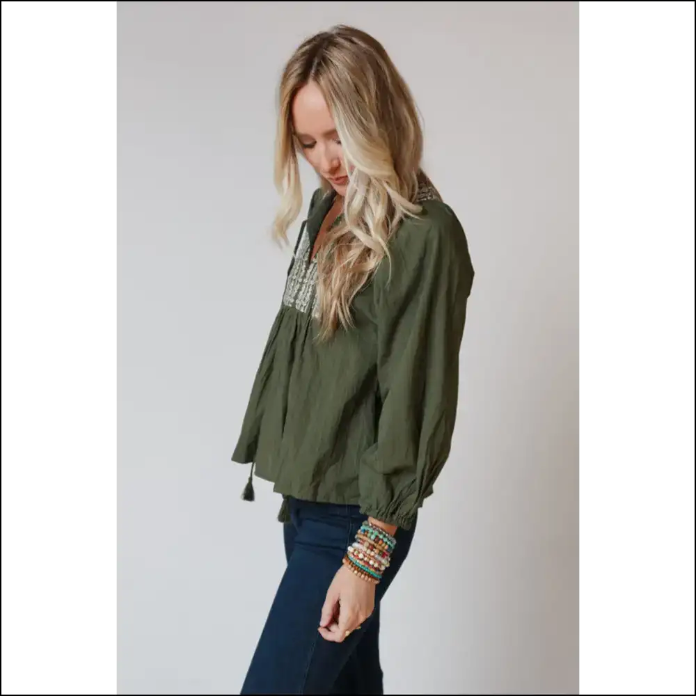 Green Embroidered Split Neck: so Chic It’s Practically 🤣 - Blouses on Sale Worldwide Shipping