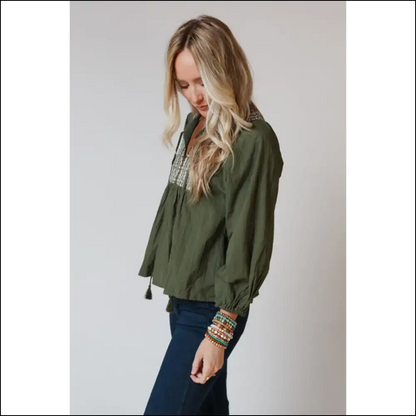 Green Embroidered Split Neck: so Chic It’s Practically 🤣 - Blouses on Sale Worldwide Shipping