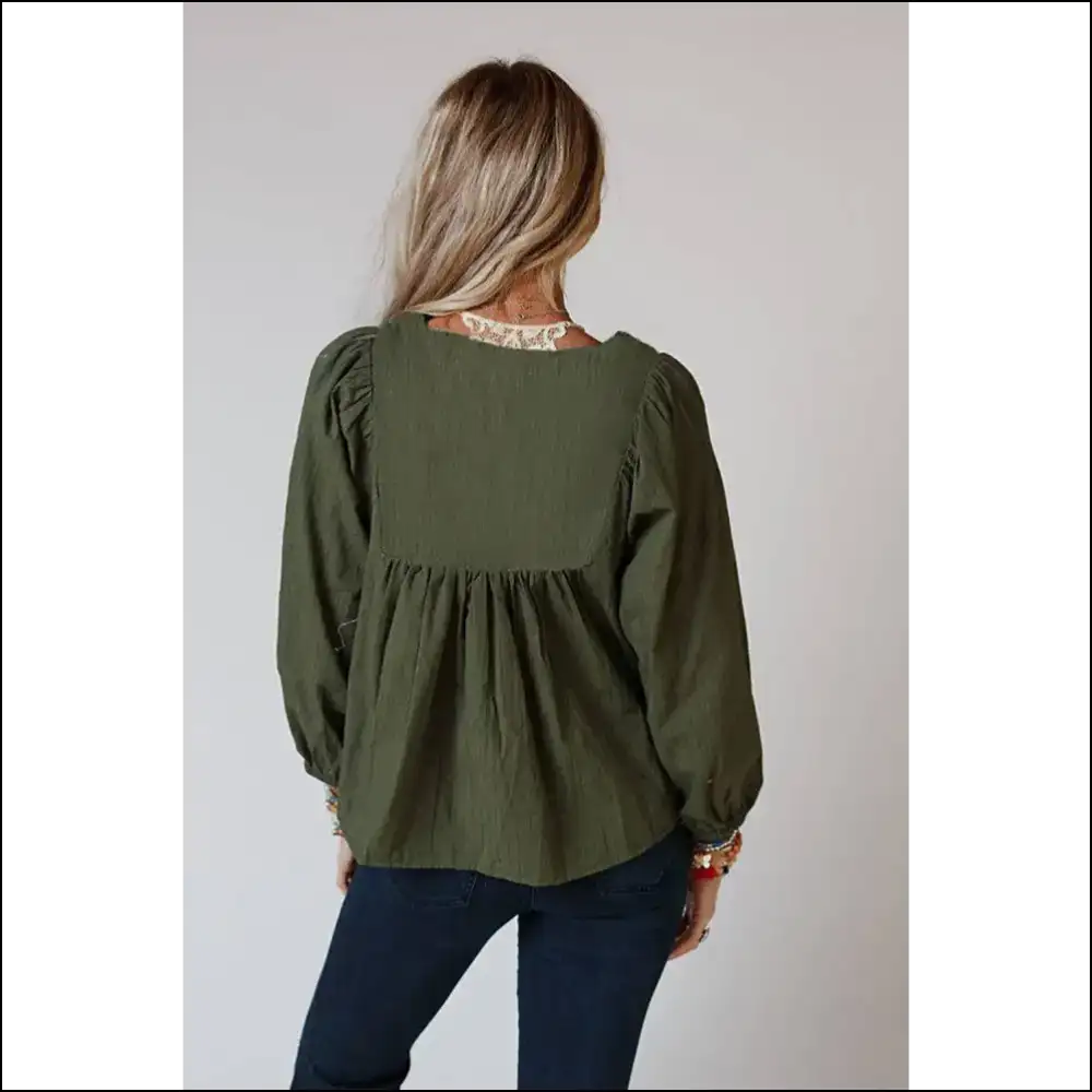 Green Embroidered Split Neck: so Chic It’s Practically 🤣 - Blouses on Sale Worldwide Shipping