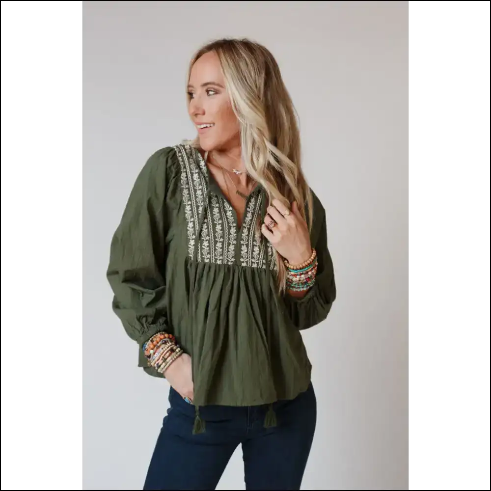 Green Embroidered Split Neck: so Chic It’s Practically 🤣 - Blouses on Sale Worldwide Shipping