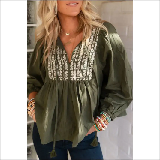 Green Embroidered Split Neck: so Chic It’s Practically 🤣 - s - Blouses on Sale Worldwide Shipping