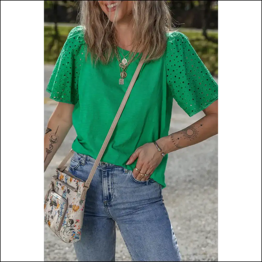 Green Eyelet Top so Bright Youll Need Shades - s - Blouses on Sale Worldwide Shipping