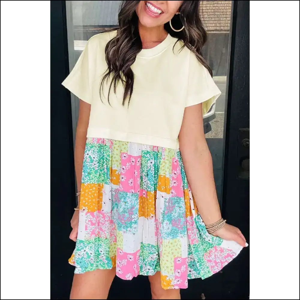 Green Floral Patchwork Mini Dress: Prepare for Fabulousness! 🐸 Needful Things - s - Short Dresses on Sale Worldwide Shipping