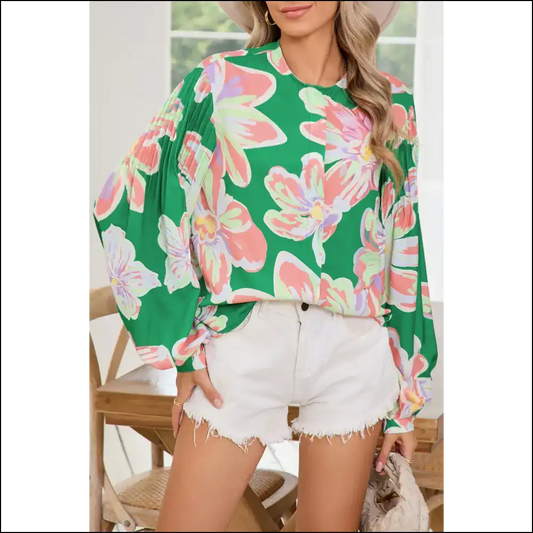 Green Floral Pleated Puff Sleeve: Nature’s Hug (needful Things) 🌼 - s - Blouses on Sale Worldwide Shipping