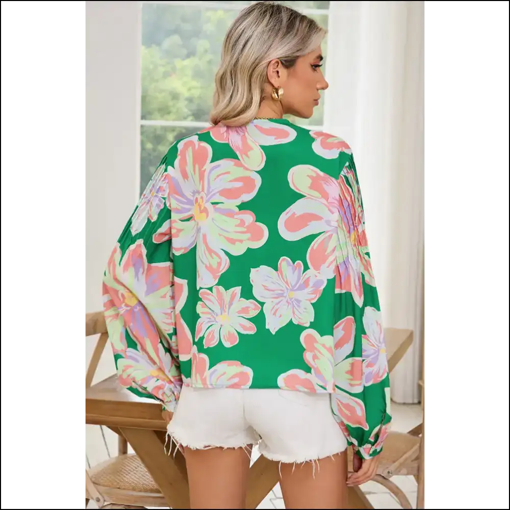 Green Floral Pleated Puff Sleeve: Nature’s Hug (needful Things) 🌼 - Blouses on Sale Worldwide Shipping