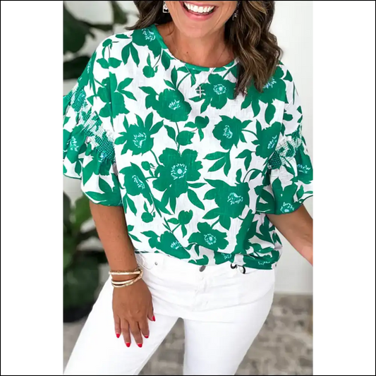 Green Floral Ruffle Blouse: Needful Things Makes you Bloom 🌼💀 - s - Blouses on Sale Worldwide Shipping