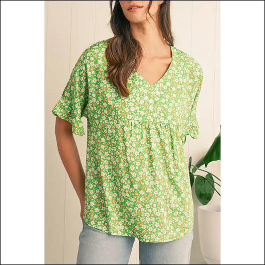 Green Floral Ruffle Sleeve v Neck Blouse: Prepare for Compliments 💚 - s - Blouses on Sale Worldwide Shipping