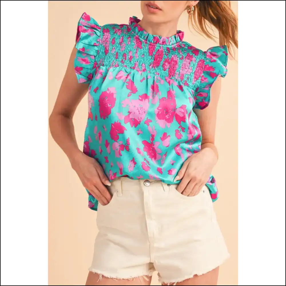 Green Floral Ruffled Flutter Shoulder: Goodbye Armpit Fat! 👋 Needful Things - s - Sleeveless Shirts Tank Tops on Sale Worldwide Shipping