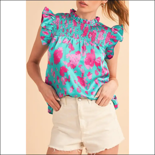 Green Floral Ruffled Flutter Shoulder: Goodbye Armpit Fat! 👋 Needful Things - s - Sleeveless Shirts Tank Tops on Sale Worldwide Shipping