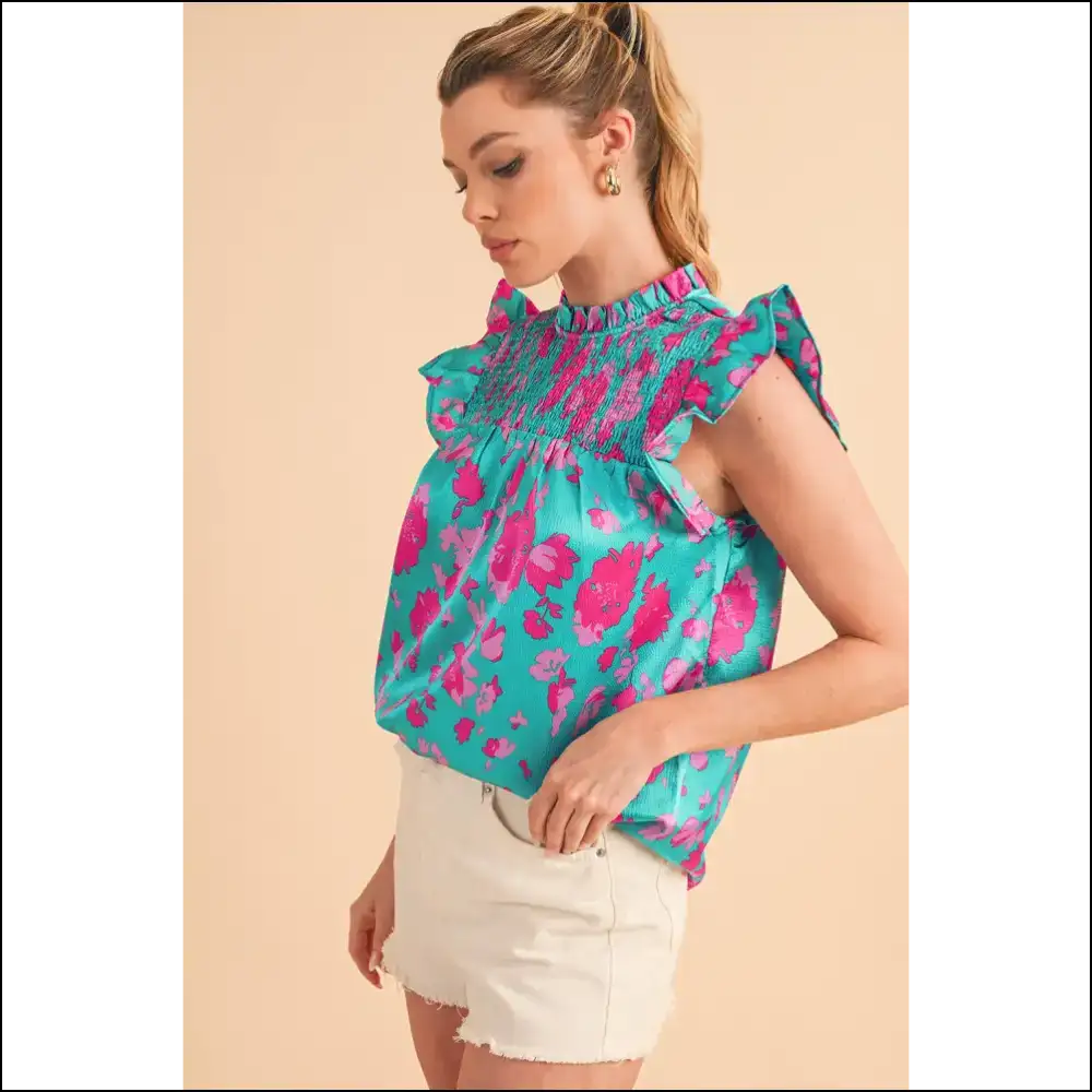 Green Floral Ruffled Flutter Shoulder: Goodbye Armpit Fat! 👋 Needful Things - Sleeveless Shirts Tank Tops on Sale Worldwide Shipping