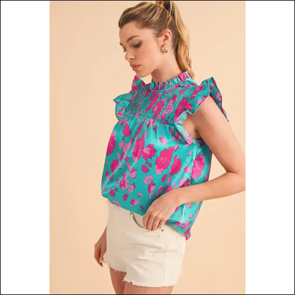 Green Floral Ruffled Flutter Shoulder: Goodbye Armpit Fat! 👋 Needful Things - Sleeveless Shirts Tank Tops on Sale Worldwide Shipping