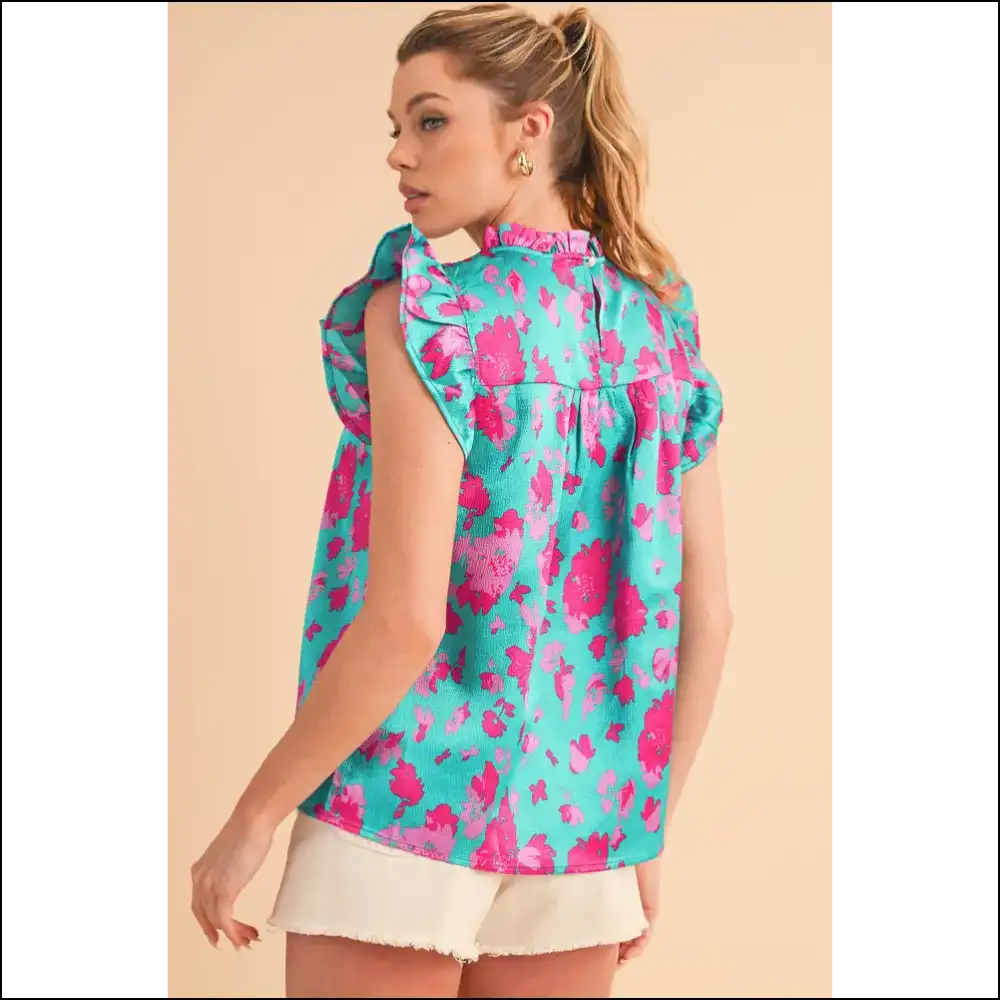 Green Floral Ruffled Flutter Shoulder: Goodbye Armpit Fat! 👋 Needful Things - Sleeveless Shirts Tank Tops on Sale Worldwide Shipping