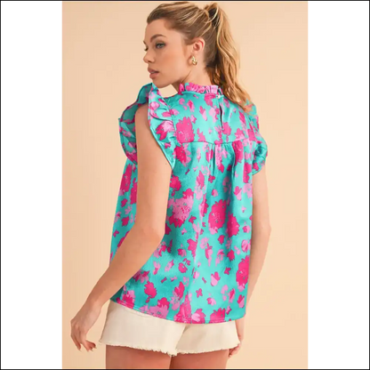 Green Floral Ruffled Flutter Shoulder: Goodbye Armpit Fat! 👋 Needful Things - Sleeveless Shirts Tank Tops on Sale Worldwide Shipping