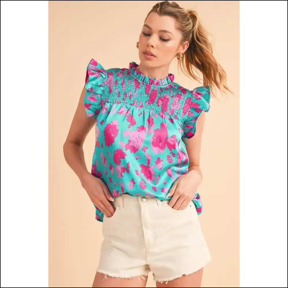 Green Floral Ruffled Flutter Shoulder: Goodbye Armpit Fat! 👋 Needful Things - Sleeveless Shirts Tank Tops on Sale Worldwide Shipping