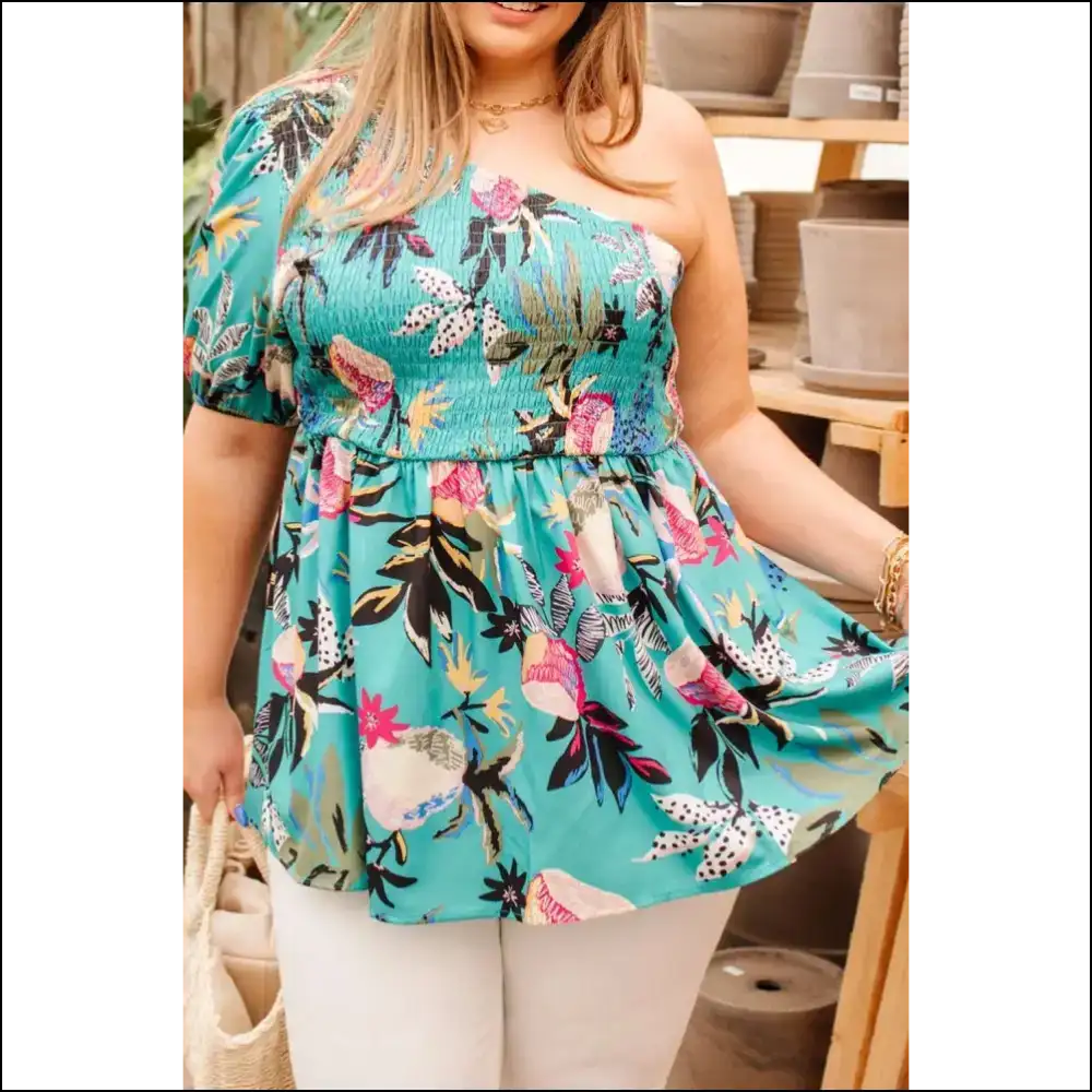 Green Floral Smocked Bodice Babydoll Blouse: i Woke Up Like this! 💚 Needful Things - 1x - Plus Size Tops on Sale Worldwide Shipping