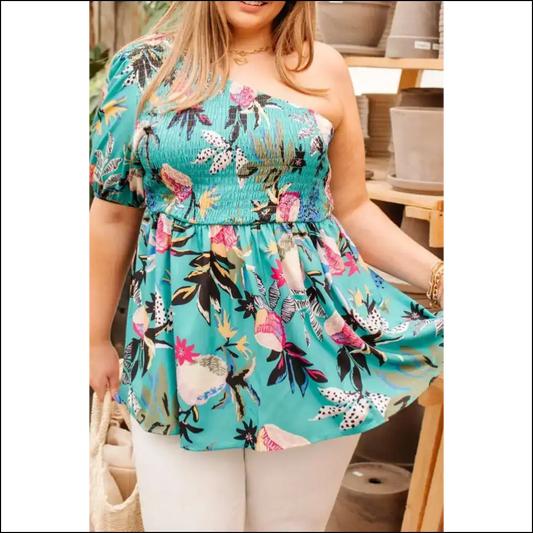 Green Floral Smocked Bodice Babydoll Blouse: i Woke Up Like this! 💚 Needful Things - 1x - Plus Size Tops on Sale Worldwide Shipping