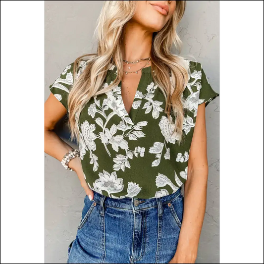 Green Floral Split Neck Blouse my Wardrobe’s Having a Moment - s - Blouses on Sale Worldwide Shipping