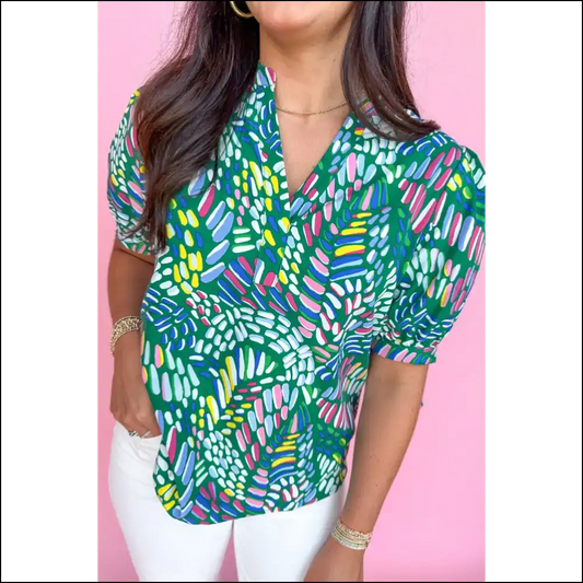 Green Geometric Print Blouse: Geometrically Hilarious! Needful Things. 💚 - s - Blouses on Sale Worldwide Shipping