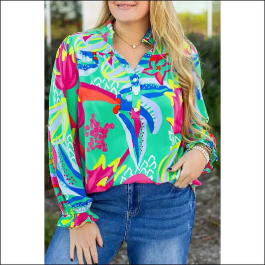 Green Goddess Gone Wild: Plus Size Abstract Frill Top! 💚 Needful Things - 1x - Tops on Sale Worldwide Shipping