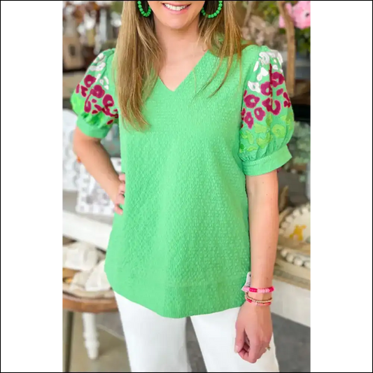 Green Leopard Embroidered Sleeve: Unleash your Inner Fashion Beast 🐆 Needful Things - s - Blouses on Sale Worldwide Shipping