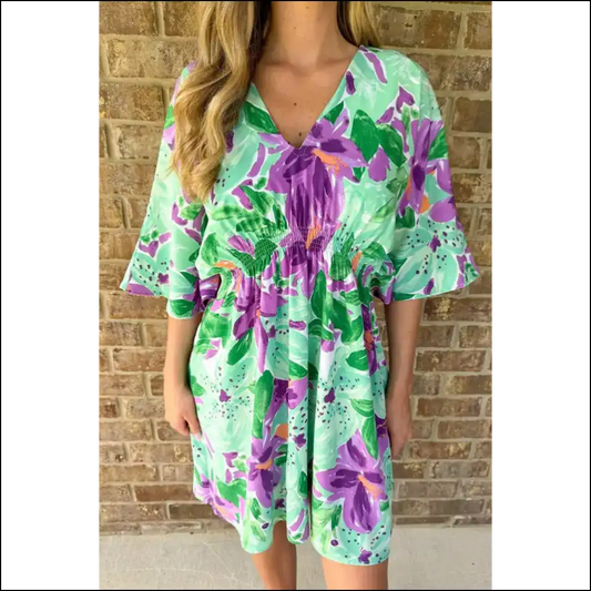 Green Lily Mini Dress: Floral and Fabulous! 👗 Needful Things - s - Short Dresses on Sale Worldwide Shipping