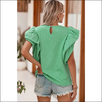 Green Ruffle Sleeve Ribbed Blouse: so Chic its Un-rib-lievable - Blouses on Sale Worldwide Shipping