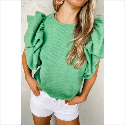 Green Ruffle Sleeve Ribbed Blouse: so Chic its Un-rib-lievable - s - Blouses on Sale Worldwide Shipping