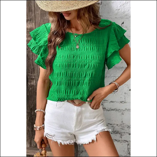 Green Ruffle Sleeve Smocked: Sassy & Still Alive 🪦 Needful Things - Dark / s - Blouses on Sale Worldwide Shipping
