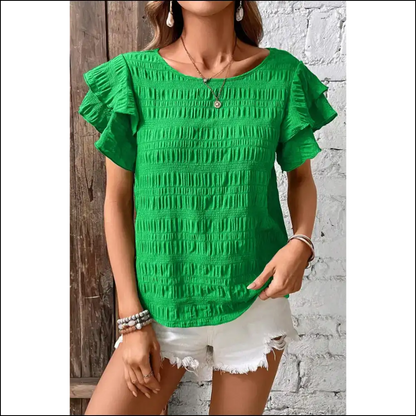 Green Ruffle Sleeve Smocked: Sassy & Still Alive 🪦 Needful Things - Blouses on Sale Worldwide Shipping