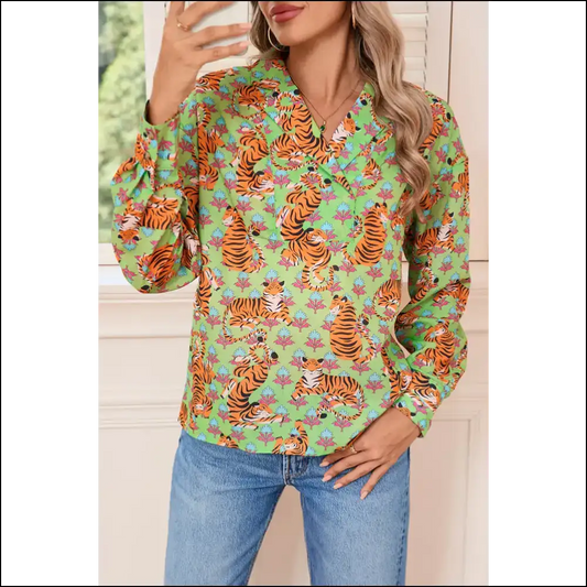 Green Tiger Floral: where Fashion Meets Feline Fine-ss! 🐅needful Things - s - Blouses on Sale Worldwide Shipping