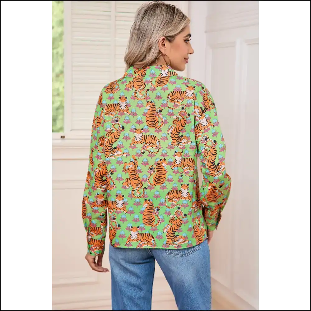 Green Tiger Floral: where Fashion Meets Feline Fine-ss! 🐅needful Things - Blouses on Sale Worldwide Shipping
