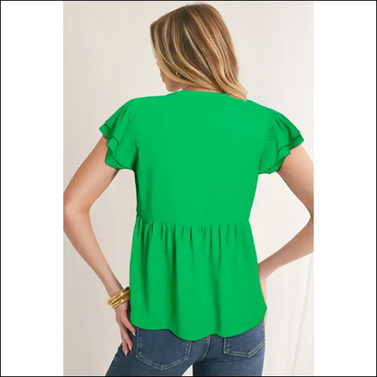 Green with Envy Bright Ruffle Sleeve Peplum Blouse - Blouses on Sale Worldwide Shipping