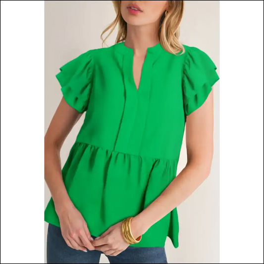 Green with Envy Bright Ruffle Sleeve Peplum Blouse - s - Blouses on Sale Worldwide Shipping