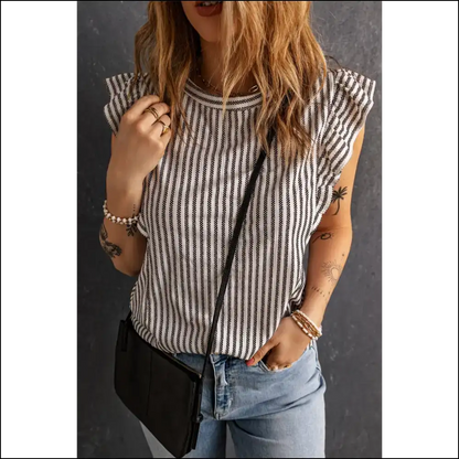 Grey Ruffled Striped Top: Needful Things for Goddesses 😈 - Gray / s - Sleeveless Shirts Tank Tops on Sale Worldwide Shipping