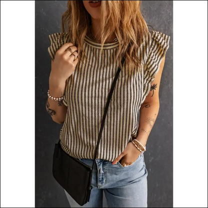 Grey Ruffled Striped Top: Needful Things for Goddesses 😈 - Khaki / s - Sleeveless Shirts Tank Tops on Sale Worldwide Shipping