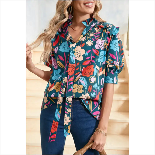 Groovy Green Goddess Floral Print Puff Sleeve Power 🌼 Needful Things - s - Blouses on Sale Worldwide Shipping