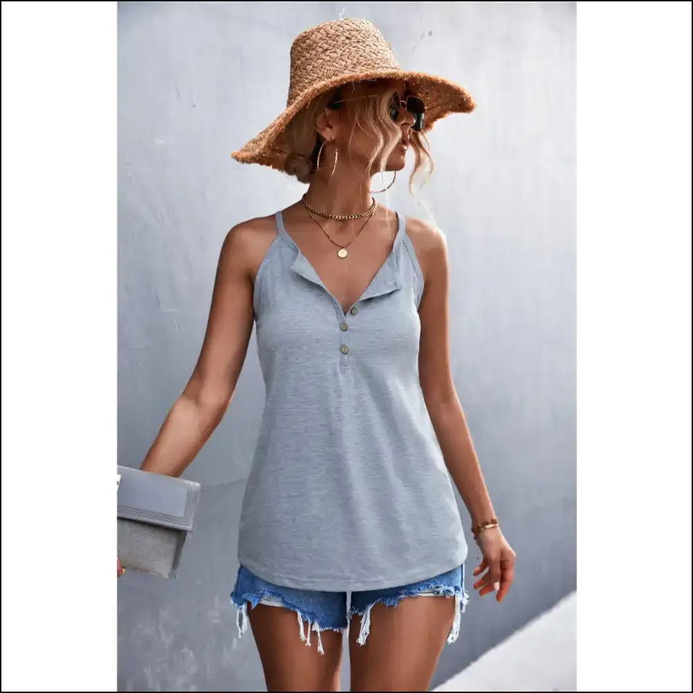 Half Button Grecian Neck Cami - Chic Elegance - Gray / s - Tank Tops on Sale Worldwide Shipping