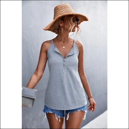 Half Button Grecian Neck Cami - Chic Elegance - Gray / s - Tank Tops on Sale Worldwide Shipping