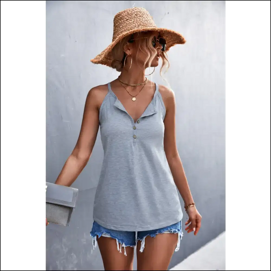 Half Button Grecian Neck Cami - Chic Elegance - Gray / s - Tank Tops on Sale Worldwide Shipping