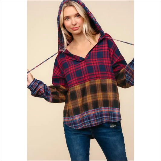 Haptics Plaid Edge Cut Detail Hooded Top - Red / l - Sweatshirts & Hoodies on Sale Worldwide Shipping