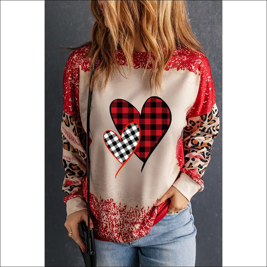 Heart Leopard Round Neck Sweatshirt - Red / s - Sweatshirts & Hoodies on Sale Worldwide Shipping