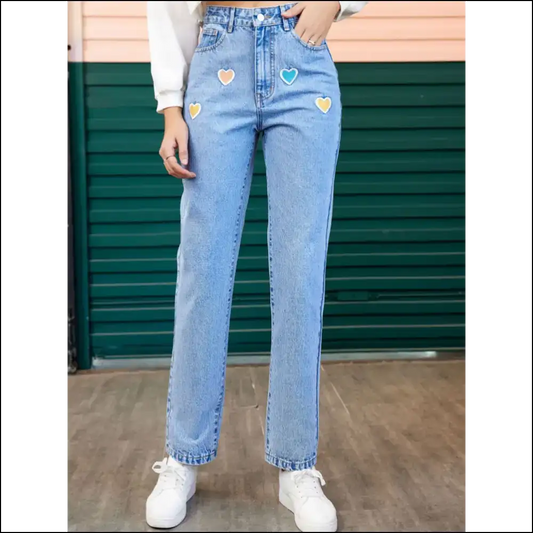 Heart Straight Leg Jeans: Confidence Never Looked this Good! 💖👖 - Light Blue / Xs - Jeans on Sale Worldwide Shipping
