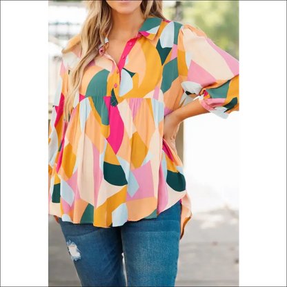 Heathered Collared Neck Long Sleeve Blouse - Blouses on Sale Worldwide Shipping