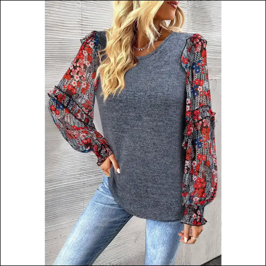 Heathered Floral Frill Blouse with Lantern Sleeves - Dark Gray / s - Blouses on Sale Worldwide Shipping
