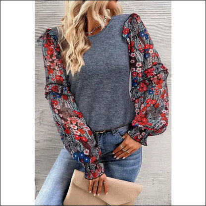 Heathered Floral Frill Blouse with Lantern Sleeves - Blouses on Sale Worldwide Shipping