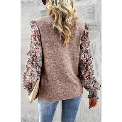 Heathered Floral Frill Blouse with Lantern Sleeves - Blouses on Sale Worldwide Shipping