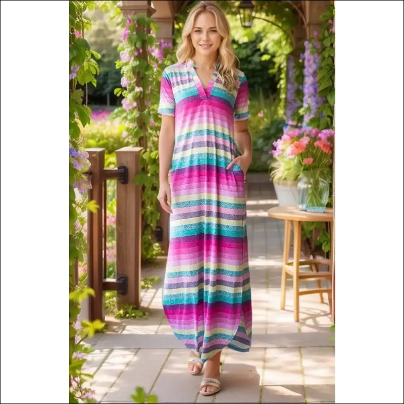 Heimish Striped Short Sleeve Maxi Tee Dress - Multicolour / s - Dresses on Sale Worldwide Shipping