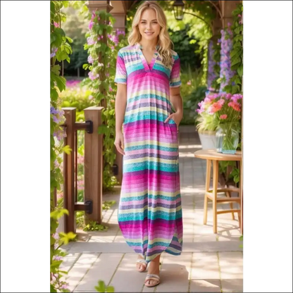 Heimish Striped Short Sleeve Maxi Tee Dress - Multicolour / s - Dresses on Sale Worldwide Shipping