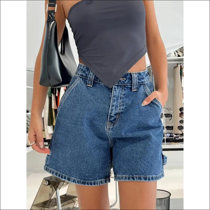 High Rise Washed Denim Shorts - Dark Blue / m - on Sale Worldwide Shipping