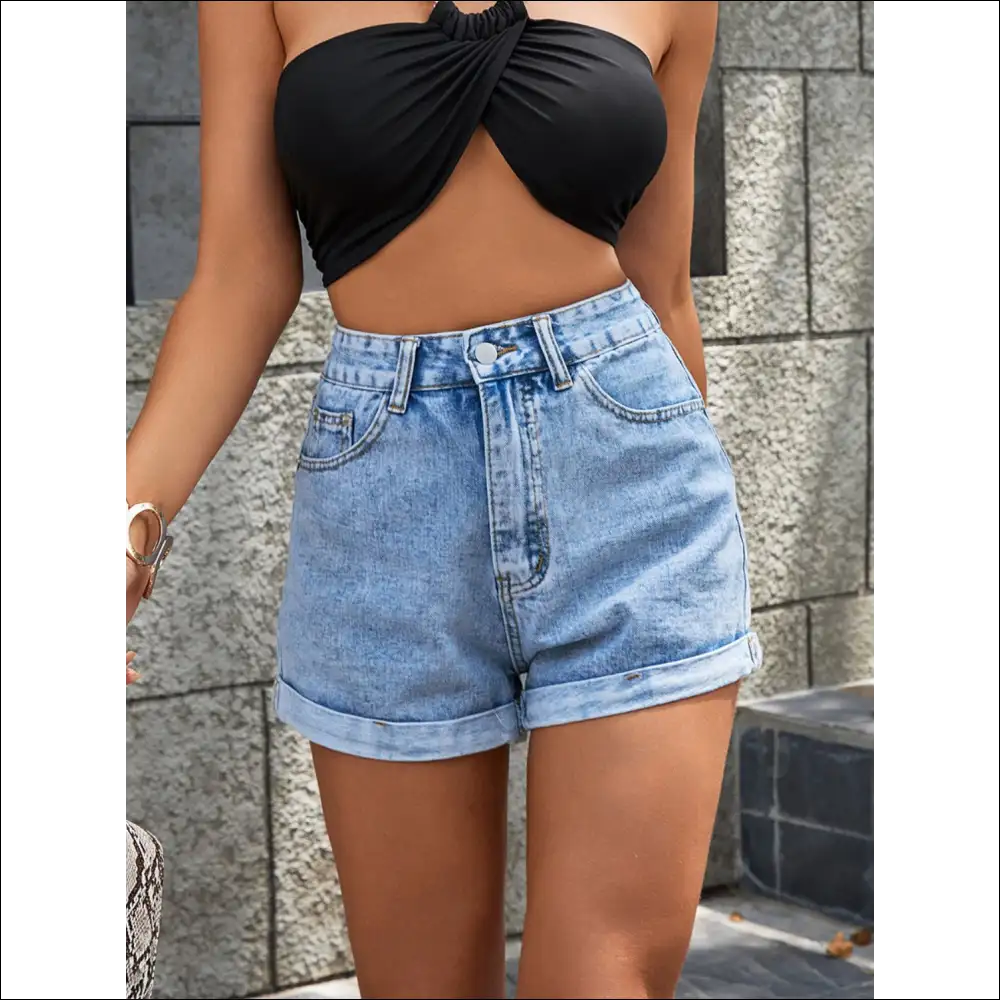 High Waist Denim Shorts for Trendy Women - Light Blue / Xs - on Sale Worldwide Shipping